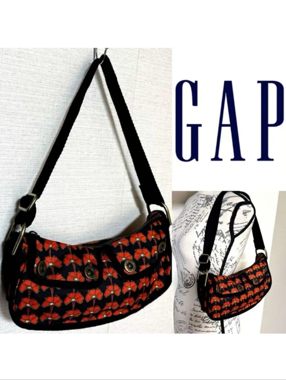 Gap Vintage Y2K Shoulder Bag Handbag Poppy Red Black Zip Pockets Fabric Flowers
